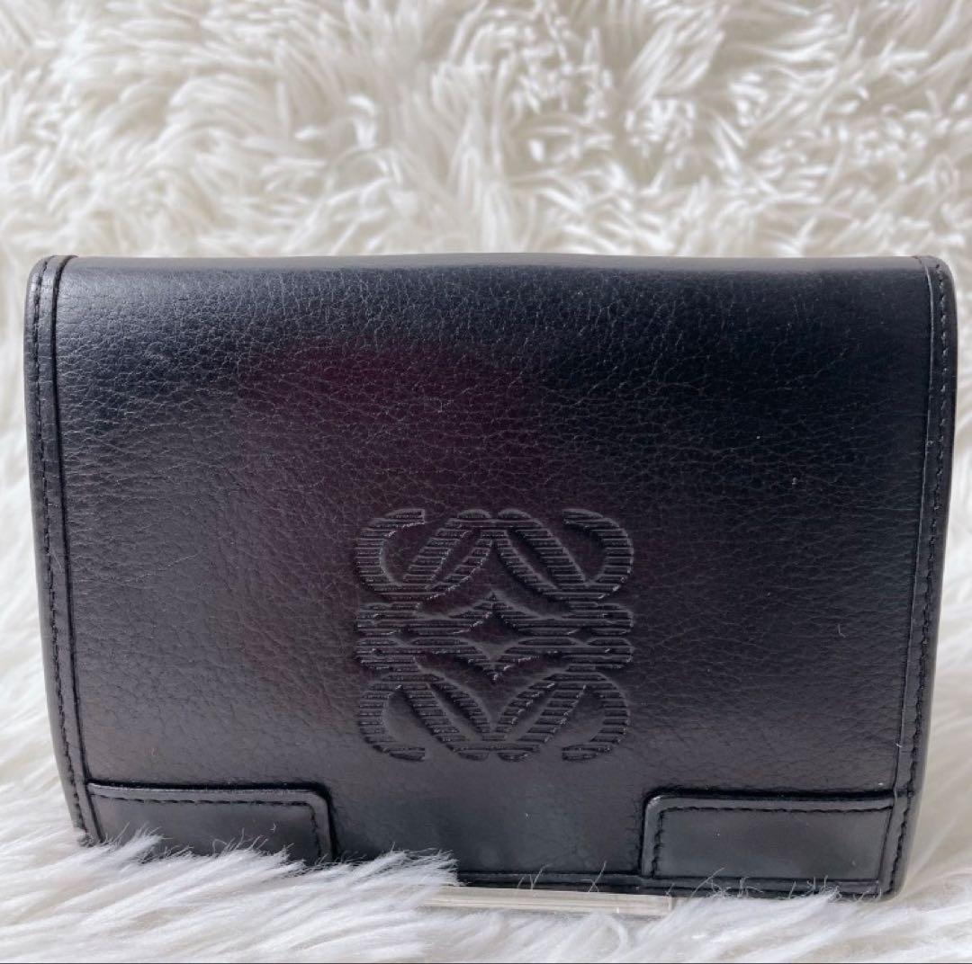 LOEWE ヴィンテージ レザー 2つ折り財布 アナグラム ブラック