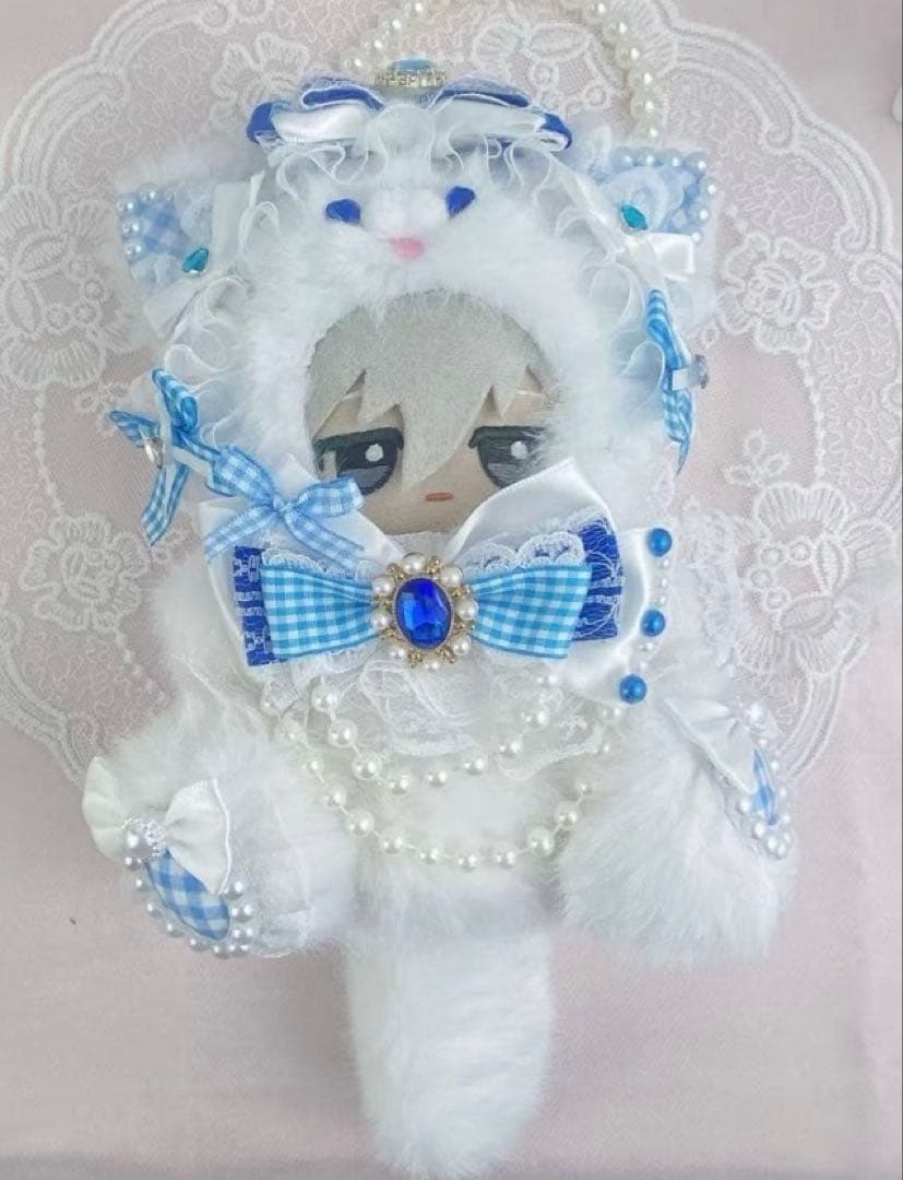 ゆまお座りぬい服 熊耳　青x白② 猫耳チェックブルー⑦ 合計2点　12cm