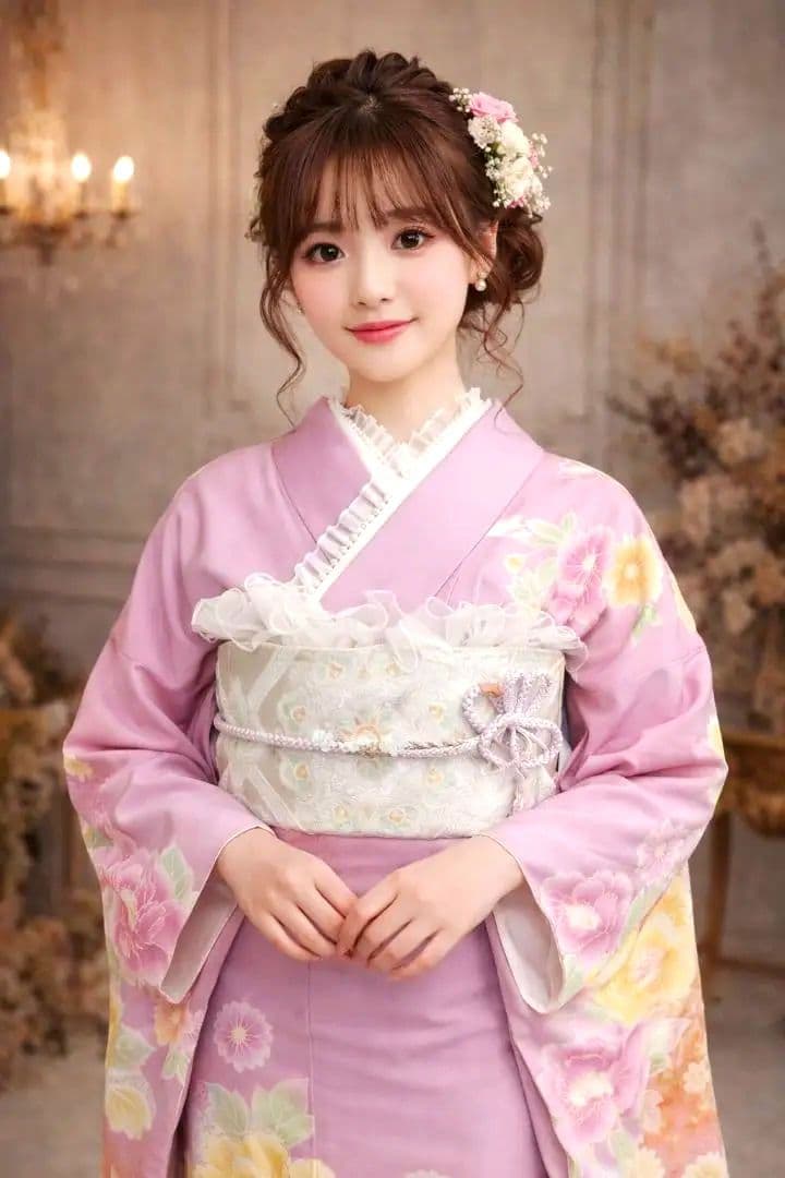 お着物のみ)わん　ニュアンスパープル　牡丹　紫陽花　／成人式　卒業式