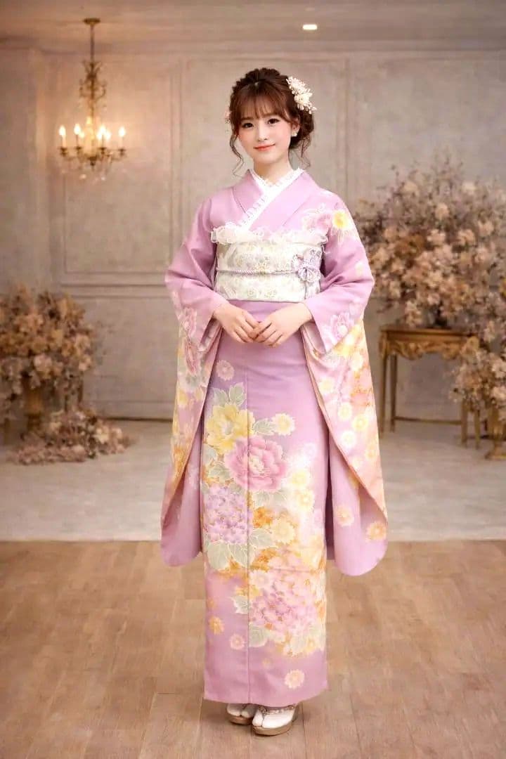 お着物のみ)わん　ニュアンスパープル　牡丹　紫陽花　／成人式　卒業式